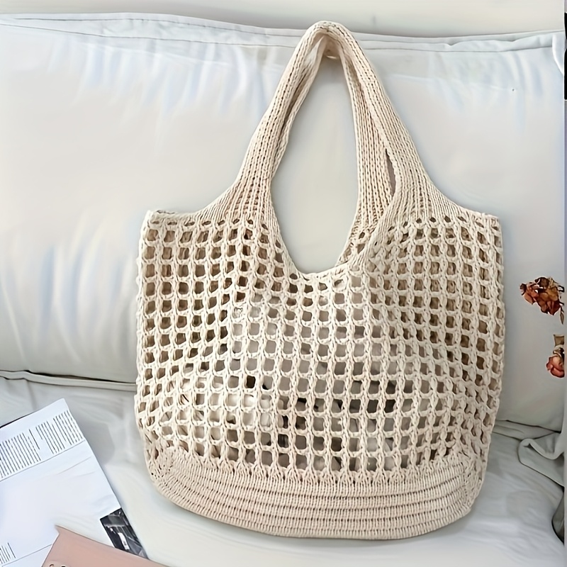 Crochet Market Bag - 1pc レディースかぎ針編みトートバッグ、大容量中空織りショッピングバッグ、固定ショルダーストラップ付き、旅行に最適、女性用バッグ
