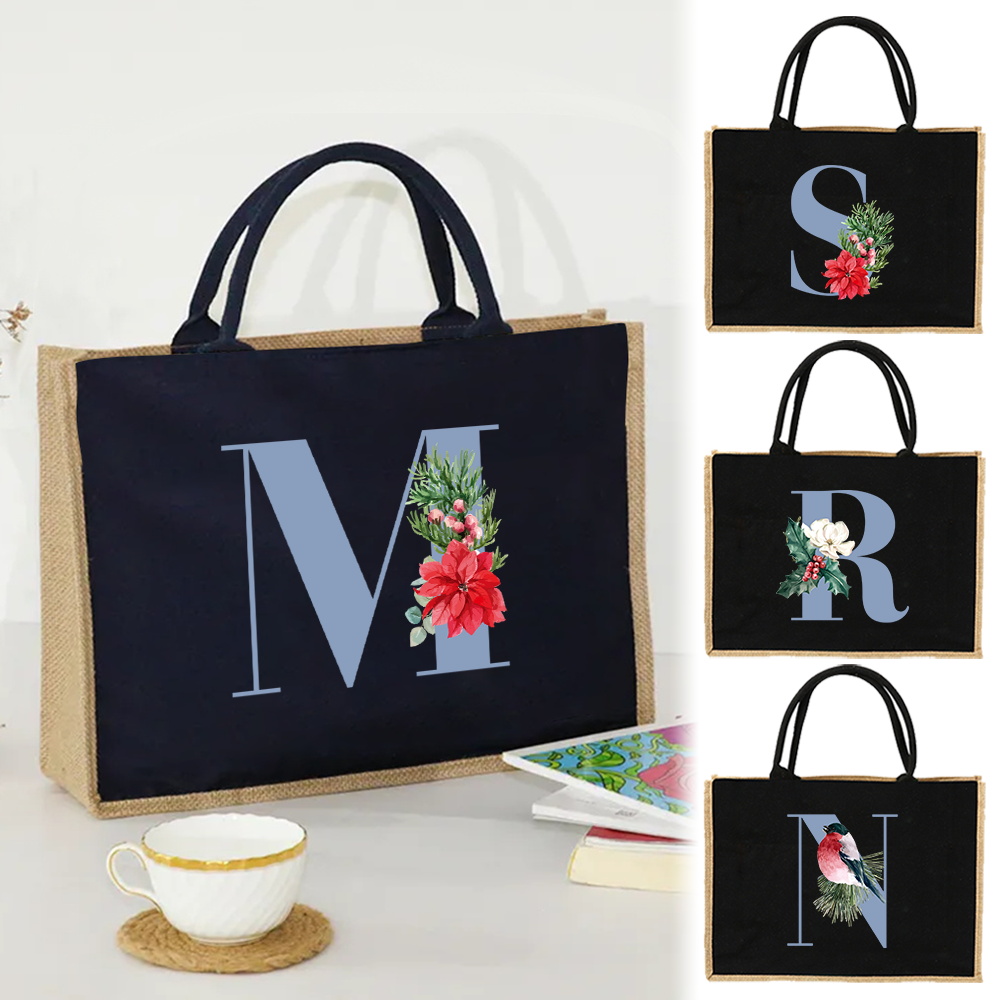 Women Bags Jute - 天然ジュート製ハンドバッグ、黒のハンドルアクセントと複数の広々としたコンパートメント付き、デイリーショッピングバッグ用、ブルーレターシリーズ