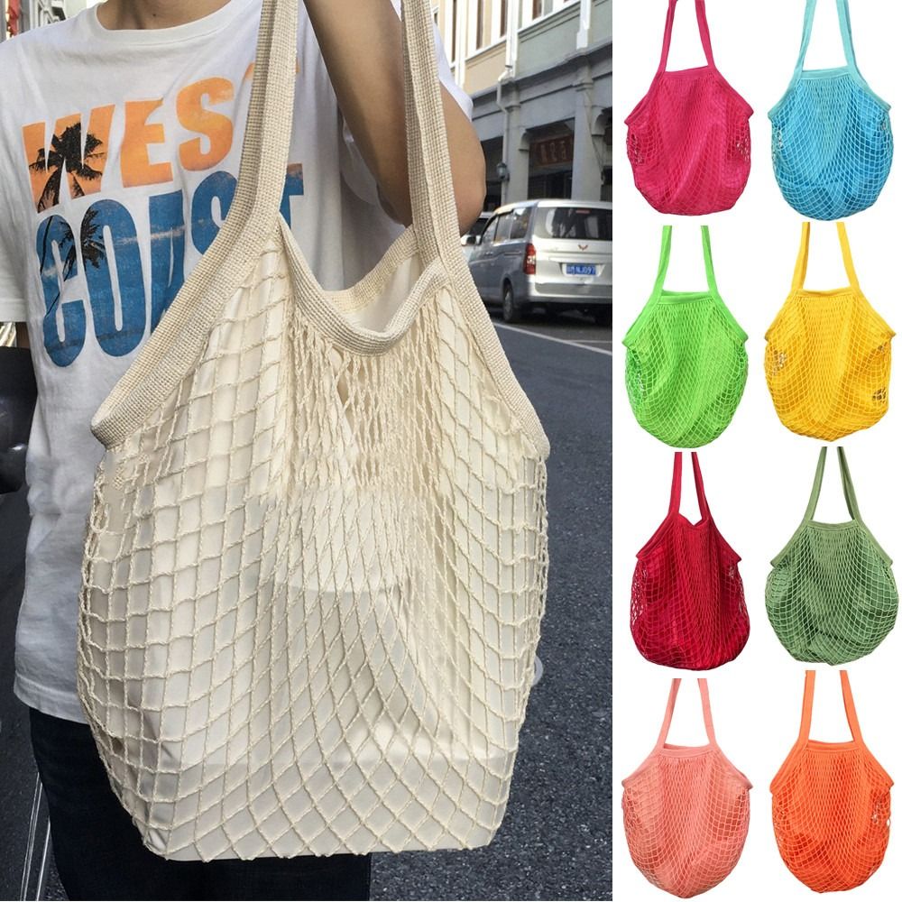 Crochet Market Bag - 耐久性のある綿製食料品袋メッシュロープ再利用可能なオーガナイザーハンドバッグポータブル通気性メッシュストリングバッグ果物野菜収納