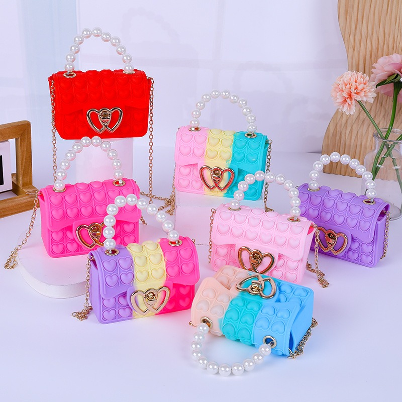 Mini Purse Chain - シリコンラブバブルゼリーバッグ、ポッパー圧力軽減財布、フェイクパールハンドル付きポップイットハンドバッグ、かわいいチェーンクロスボディバッグ