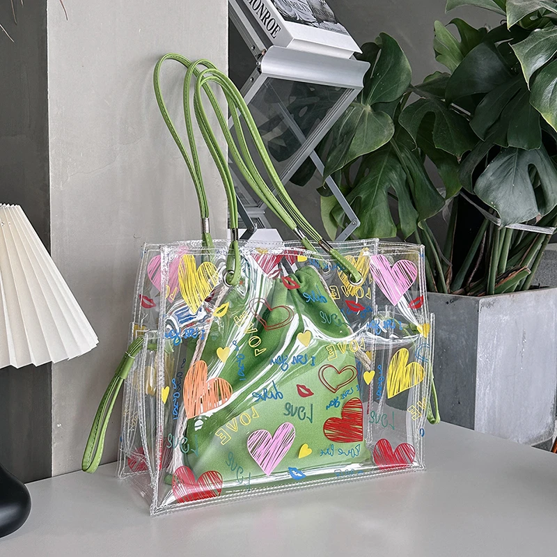 Jelly Bag Clear Pvc - 夏用透明バッグデザイン ラブリーハート柄 レディース PVC 2ピース複合トートバッグ クリア防水ビーチジェリーバッグ