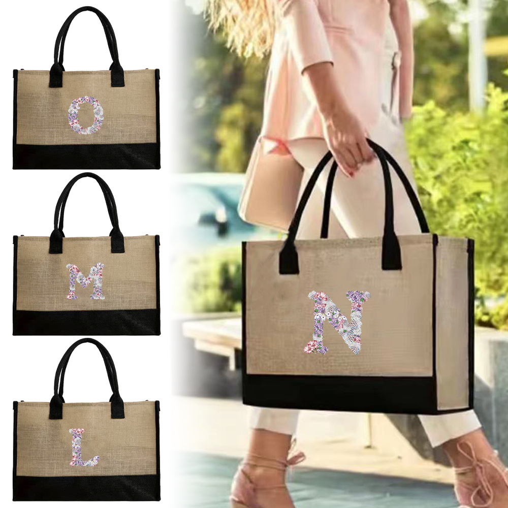Women Bags Jute - ジュートショッピングバッグレディースビーチトラベルバッグ女性用再利用可能大容量ジュートバッグトートバッグハンドバッグプリントローズフラワーシリーズ