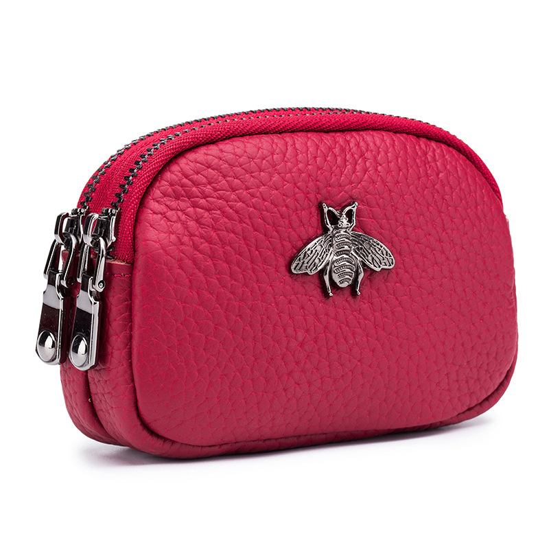 Women Bags Coach - 女性牛革ダブルジッパーポータブル財布バッグ蜂カード Hoder 口紅ケース革ミニイヤホン小銭入れ女性のための