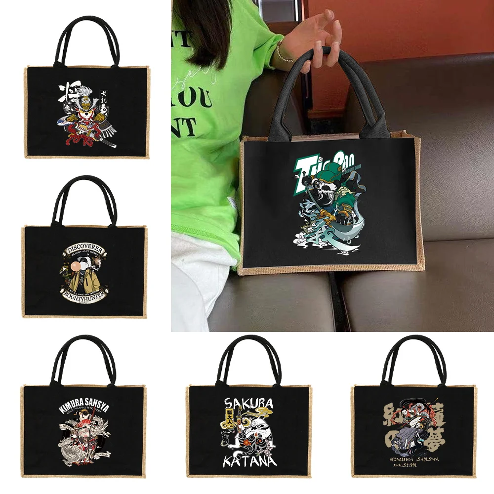 Women Bags Jute - リネントートショッピングバッグ サムライ柄黄麻布手描き女性用ショルダーバッグ 旅行ピクニックキャンプ用