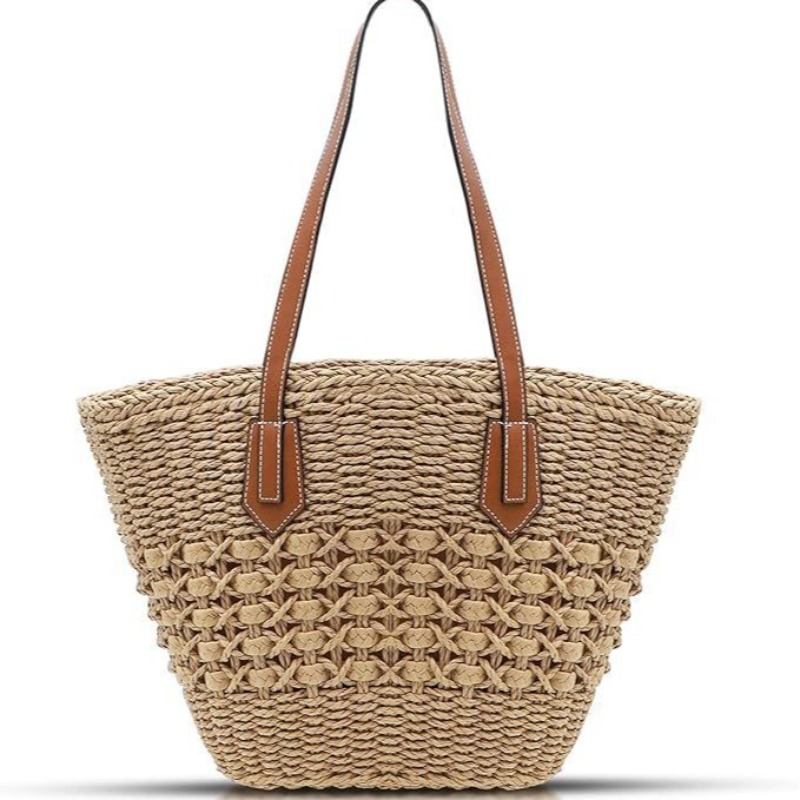 Crochet Market Bag - 新しい女性のわら製ショルダーバッグ、大きな籐製かぎ針編みトートバッグ、夏の旅行用ビーチハンドバッグ、中空の手作りトップハンドル付き財布