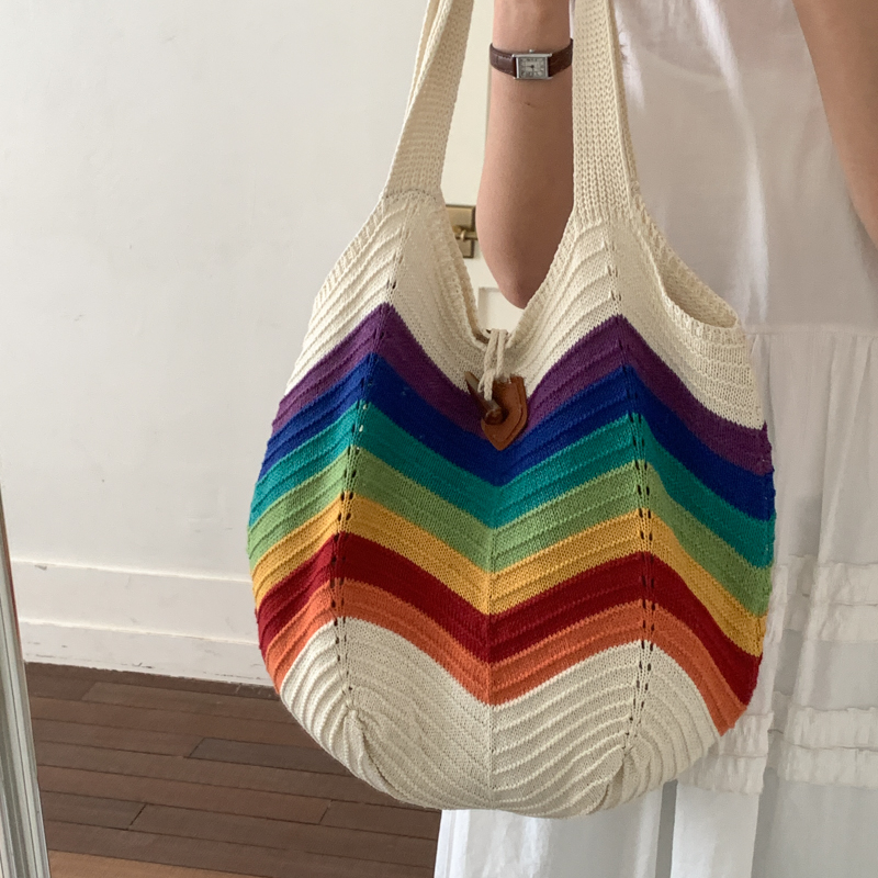 Crochet Market Bag - 2026年夏旅行市場レインボーショッピングクロシェビーチトートバッグカラーブロックデザイン透かし編みショルダーバッグ