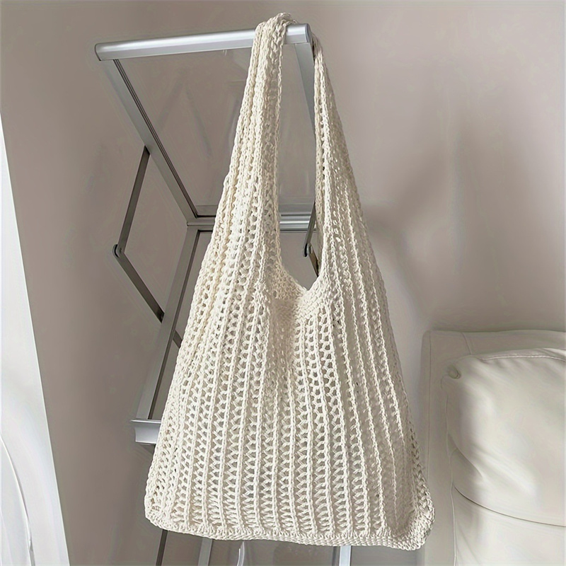 Crochet Market Bag - ソリッドカラーの大容量ニットショルダーバッグボヘミアンかぎ針編みトート中空織ハンドバッグカジュアル夏