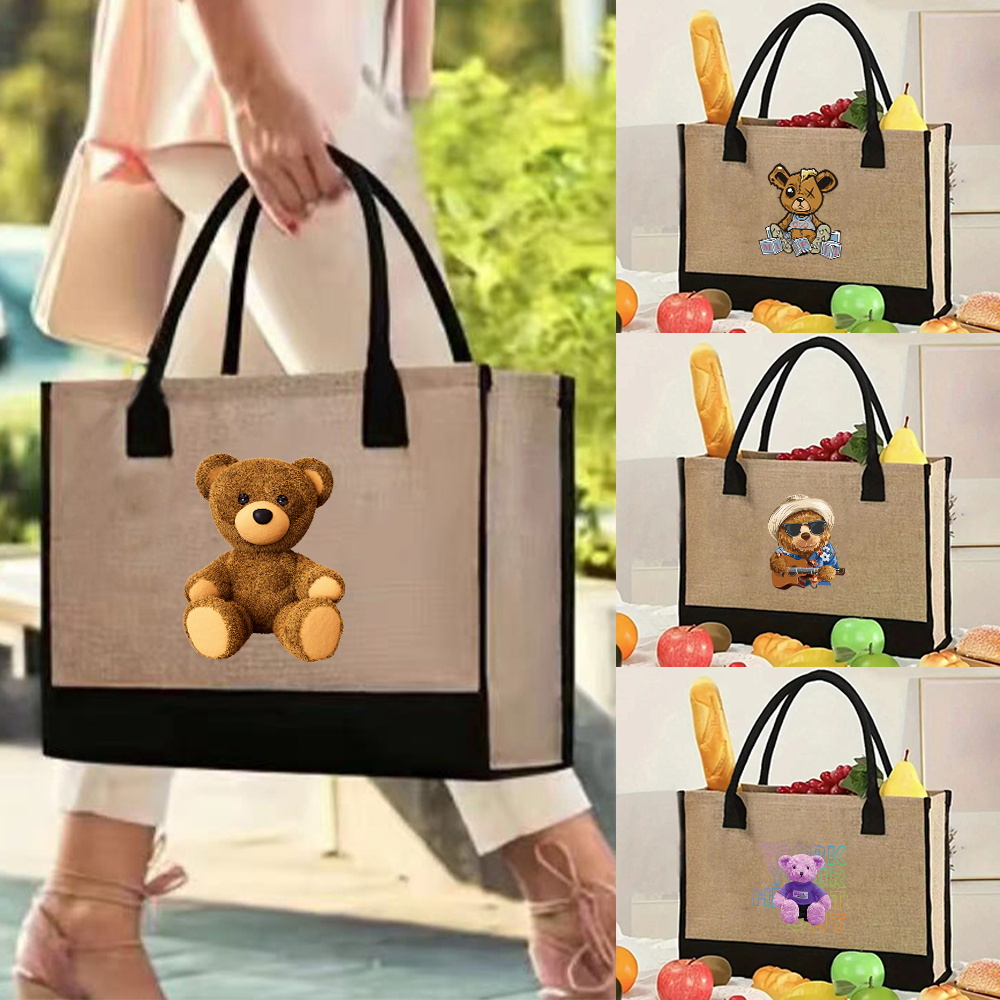 Women Bags Jute - ヴィンテージジュートショッピングバッグ,リネントートバッグ,買い物かご,夏のビーチバッグ,ポータブルエコ,大容量,ベアパターン