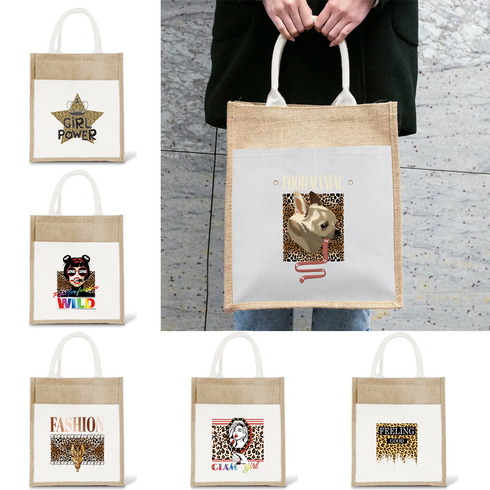 Women Bags Jute - ポータブルショッピングバッグ環境保護軽量収納バッグヴィンテージハンドバッグ通勤用ジュートバッグヒョウシリーズ