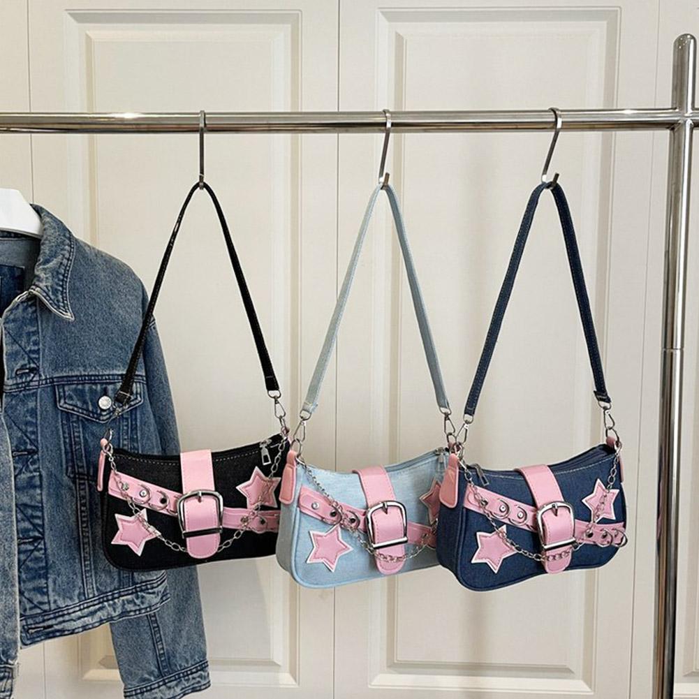 Women Bags Jeans - ファッション女性のハンドバッグデニム星柄クールガールズアンダーアームバッグ女性の小さなショルダーホーボーバッグチェーントートバッグ