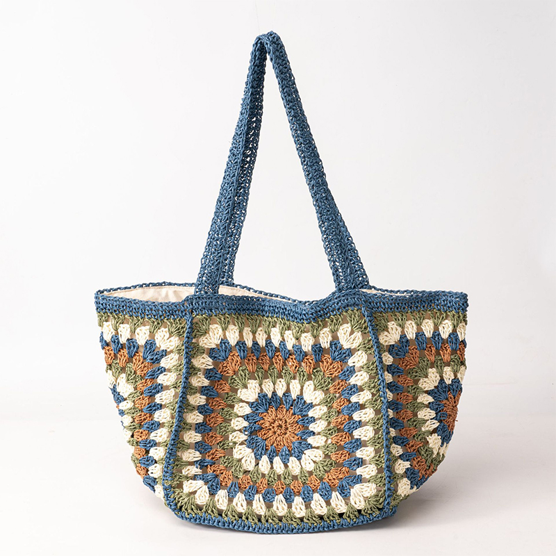 Crochet Market Bag - 夏手織りバッグカラーマッチパターンハンドバッグキャンバス裏地大容量トートファッション休暇海辺ビーチバッグ女性バッグ