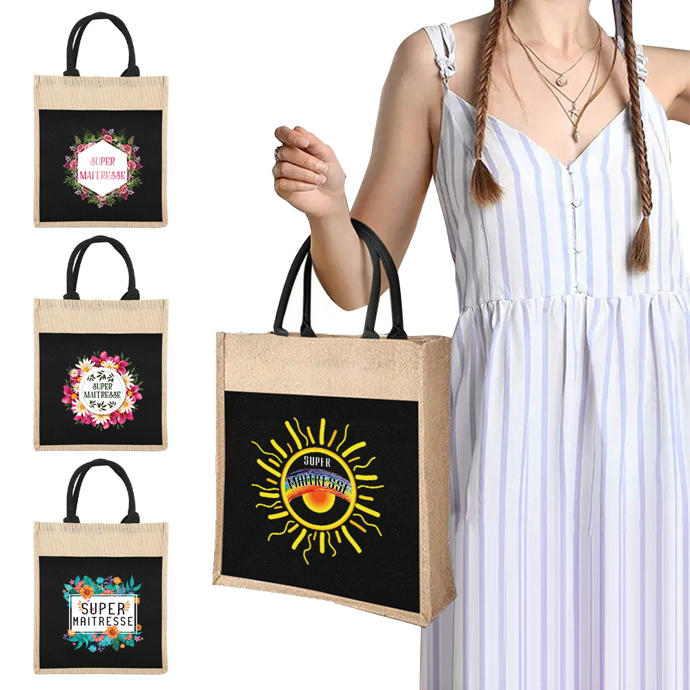 Women Bags Jute - トートバッグ ジュート製 ポータブル ショルダーバッグ ショッピングバッグ マイテレス柄