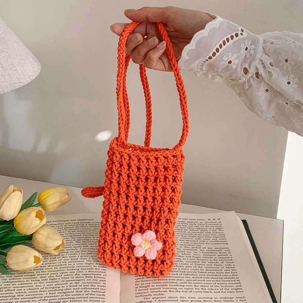 Crochet Market Bag - かわいい花柄編みクロスボディバッグ、中空スクエアクロシェ電話バッグ、ハンドバッグ、無地ニットメッセンジャーバッグ、デイリーユース