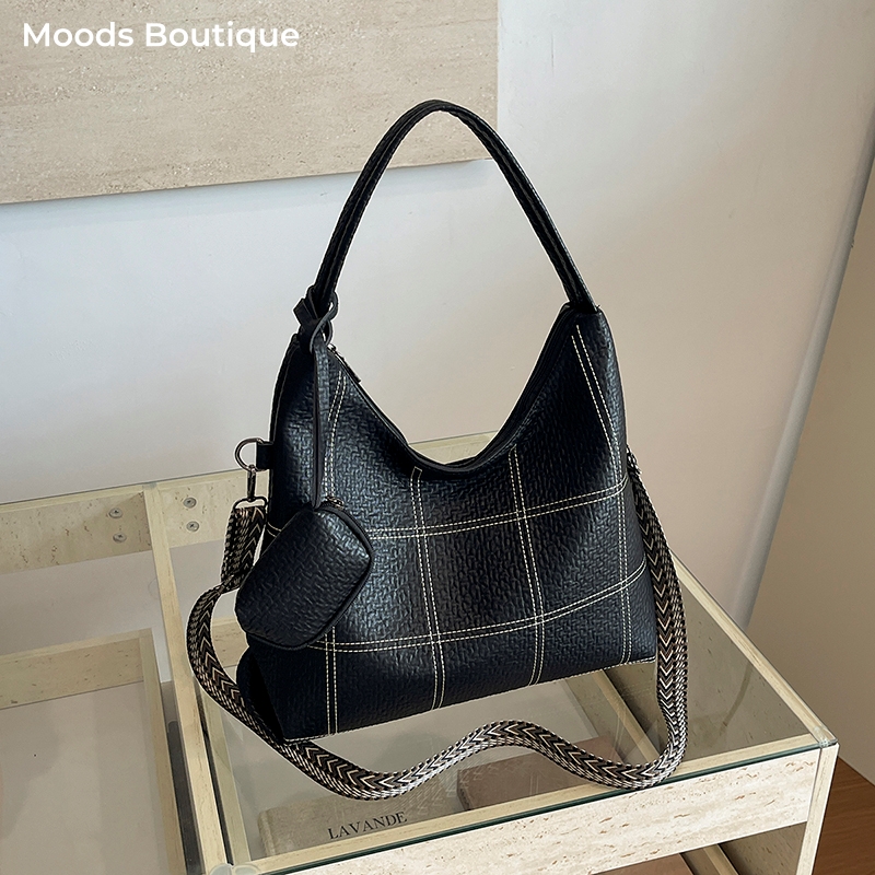 Women Bags In Amazon - 大容量女性用ホーボートートバッグ ブラック コントラストステッチ チェック柄ショルダーバッグ 取り外し可能な幅広ストラップ クロスボディバッグ