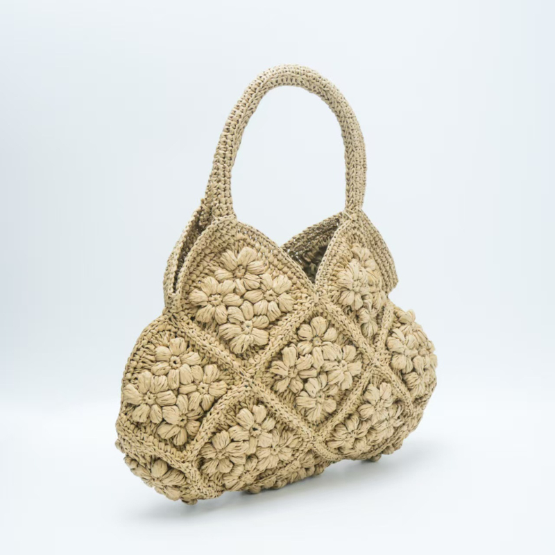 Crochet Market Bag - 手作り紙織りビーチバッグハイエンド 3D 花草トート大容量ポータブル休暇ショルダーバッグ女性のための海辺