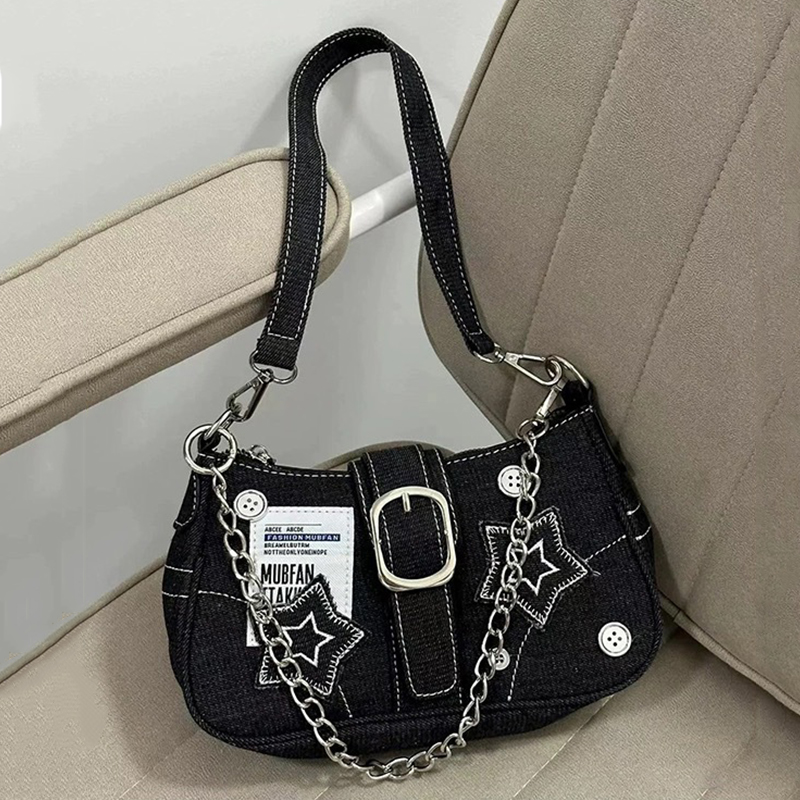 Women Bags Jeans - Y2k ファッション女性のハンドバッグ星柄クールガールズアンダーアームバッグヴィンテージキャンバス女性の小さなショルダーバッグチェーントート財布