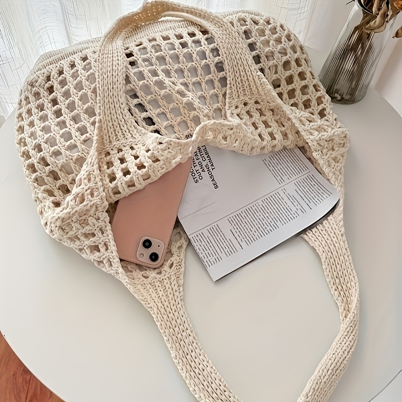 1pc レディースかぎ針編みトートバッグ、大容量中空織りショ - Crochet Market Bag のレビューと価格