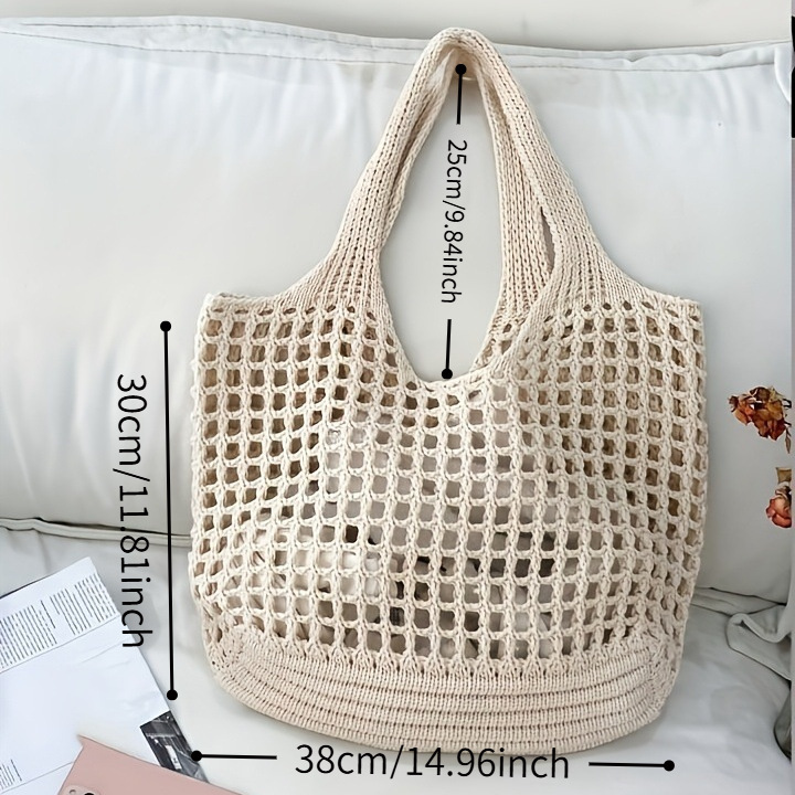 1pc レディースかぎ針編みトートバッグ、大容量中空織りショ - Crochet Market Bag のレビューと価格