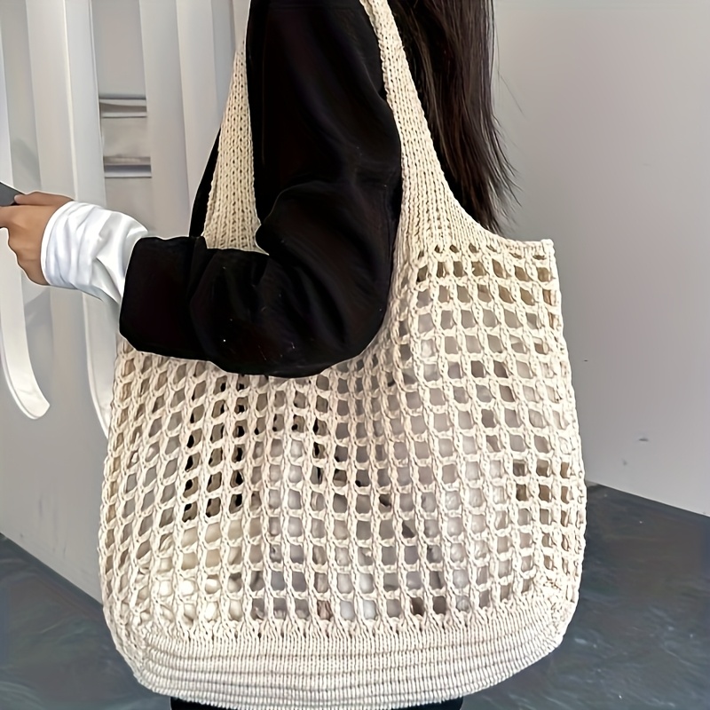 1pc レディースかぎ針編みトートバッグ、大容量中空織りショ - Crochet Market Bag のレビューと価格