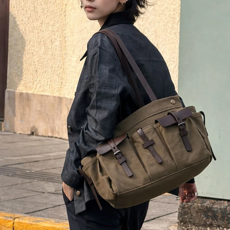 高級キャンバスレザー多ポケットトートバッグ、女性用ジッパー開 - Women'S Tote Bags Designer のレビューと価格