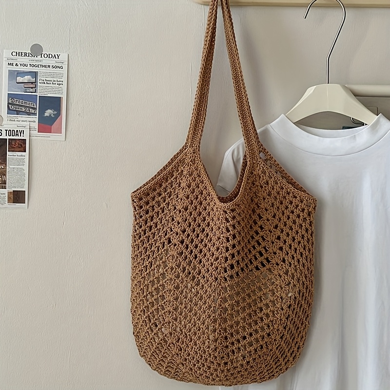 かぎ針編みメッシュトートバッグ 中空織りショルダーバッグ 再 - Crochet Market Bag のレビューと価格