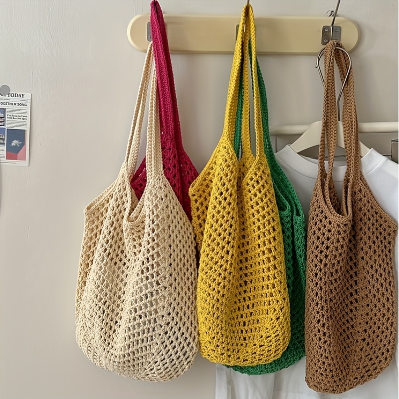 かぎ針編みメッシュトートバッグ 中空織りショルダーバッグ 再 - Crochet Market Bag のレビューと価格