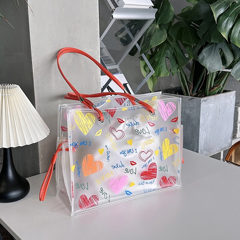 夏用透明バッグデザイン ラブリーハート柄 レディース PVC - Jelly Bag Clear Pvc のレビューと価格