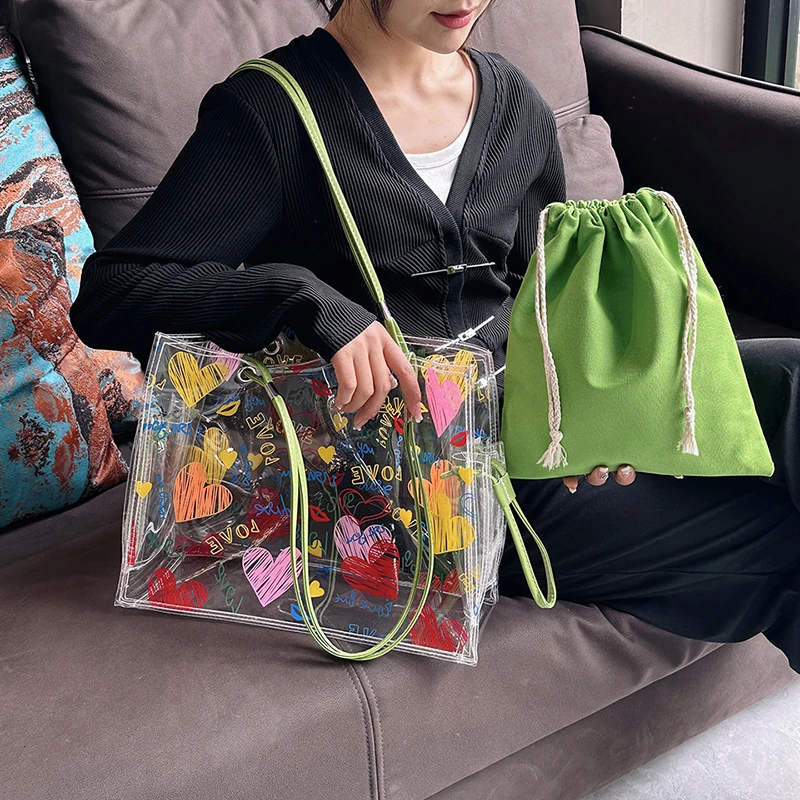 夏用透明バッグデザイン ラブリーハート柄 レディース PVC - Jelly Bag Clear Pvc のレビューと価格