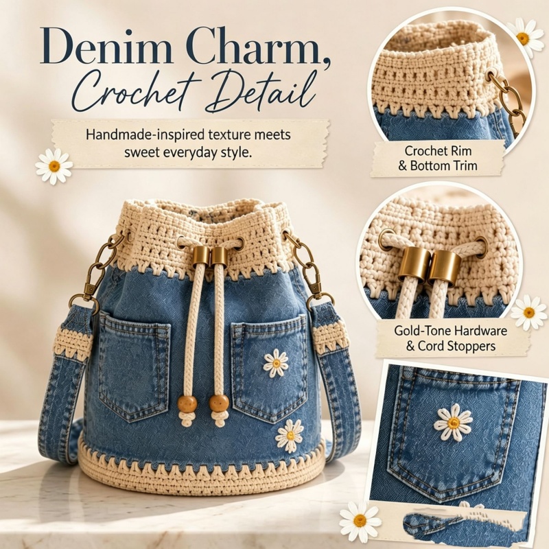 デニムクロシェバケットバッグ手作りクロシェフラワートート巾着 - Crochet Market Bag のレビューと価格