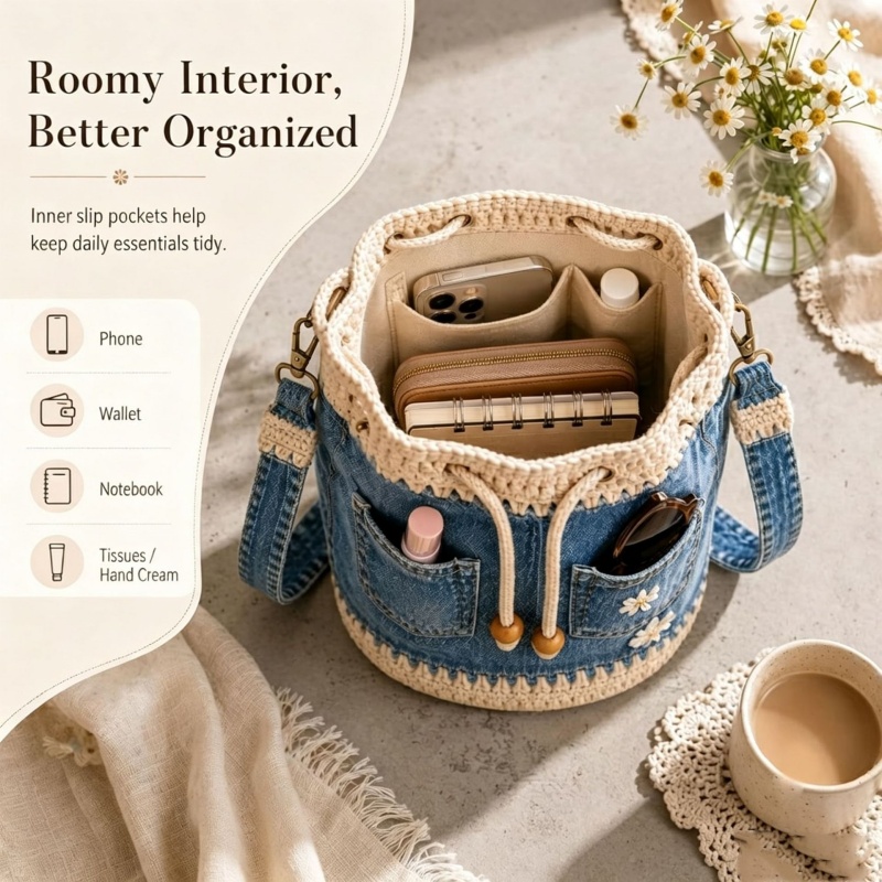デニムクロシェバケットバッグ手作りクロシェフラワートート巾着 - Crochet Market Bag のレビューと価格