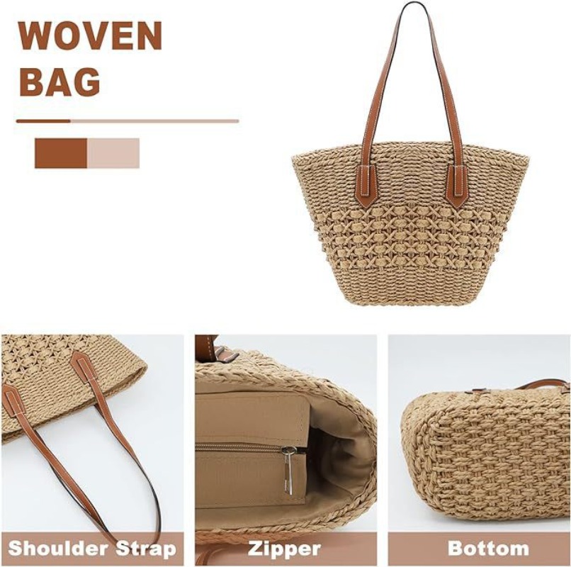 新しい女性のわら製ショルダーバッグ、大きな籐製かぎ針編みトー - Crochet Market Bag のレビューと価格