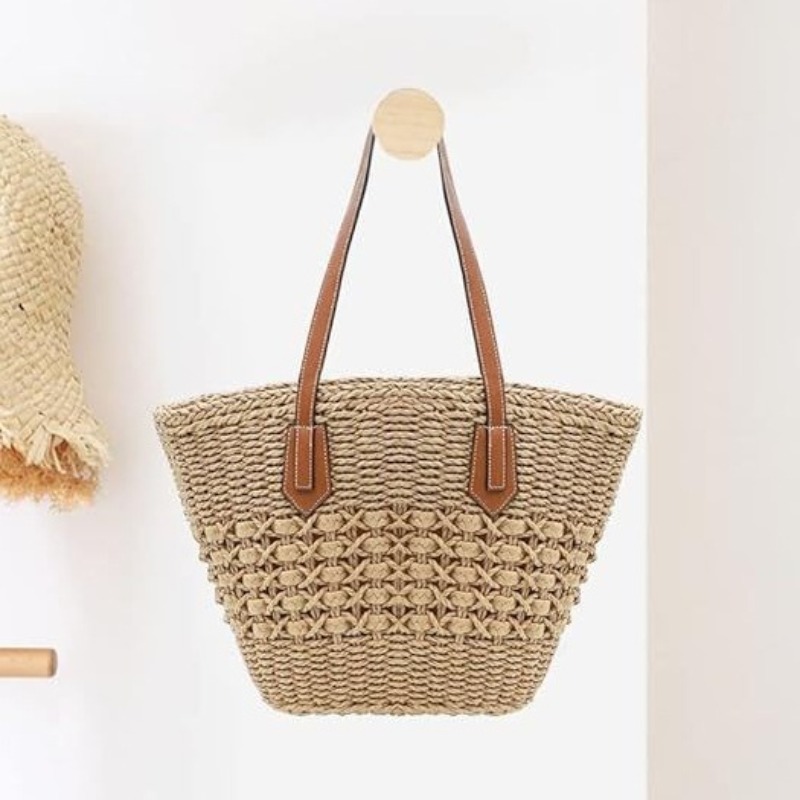 新しい女性のわら製ショルダーバッグ、大きな籐製かぎ針編みトー - Crochet Market Bag のレビューと価格