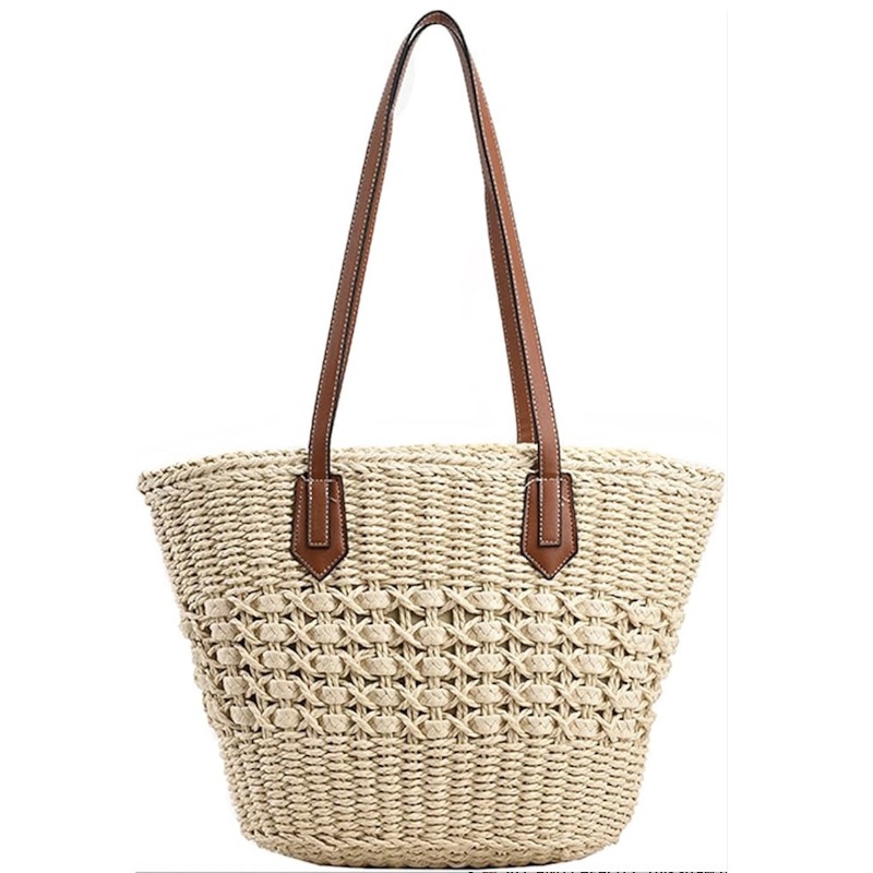 新しい女性のわら製ショルダーバッグ、大きな籐製かぎ針編みトー - Crochet Market Bag のレビューと価格