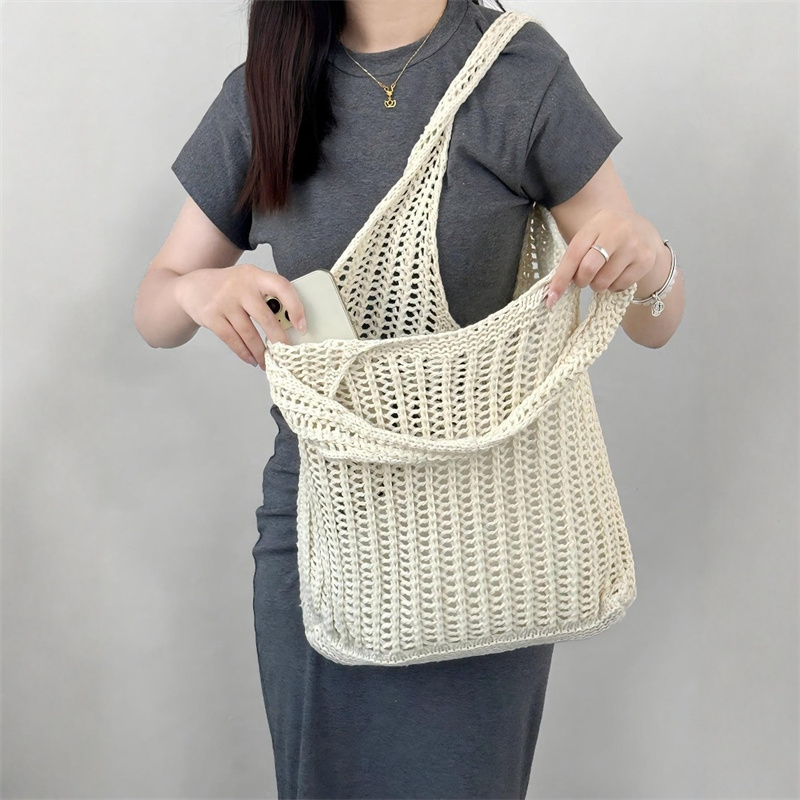 ソリッドカラーの大容量ニットショルダーバッグボヘミアンかぎ針 - Crochet Market Bag のレビューと価格