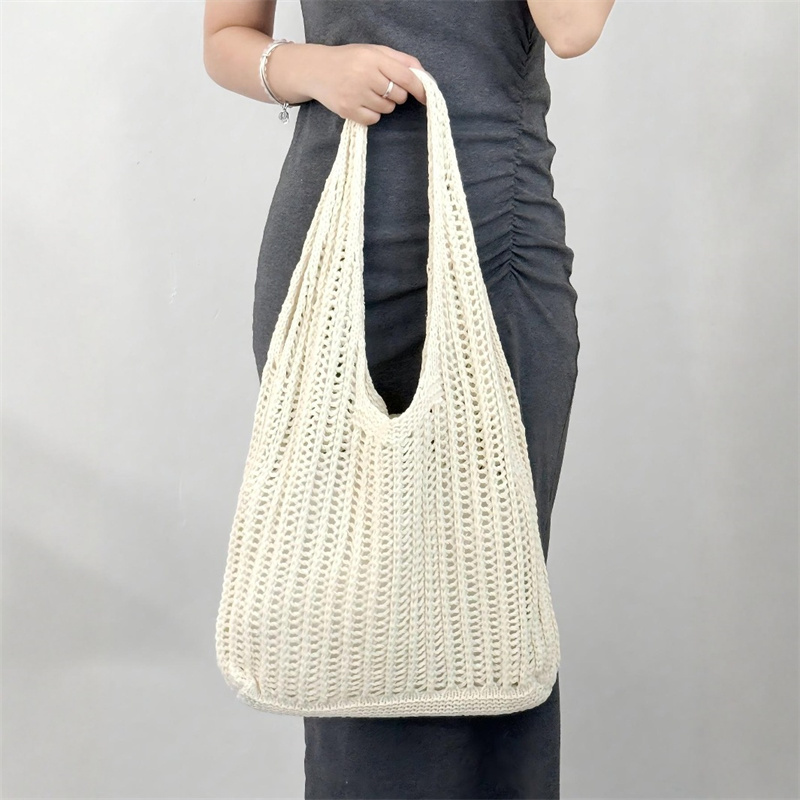 ソリッドカラーの大容量ニットショルダーバッグボヘミアンかぎ針 - Crochet Market Bag のレビューと価格