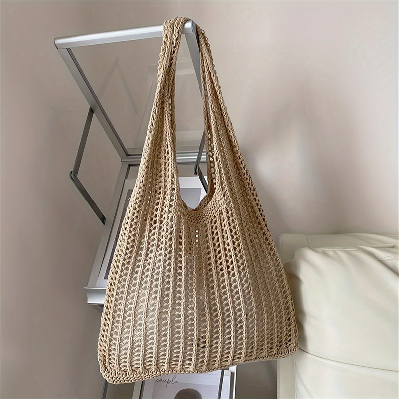 ソリッドカラーの大容量ニットショルダーバッグボヘミアンかぎ針 - Crochet Market Bag のレビューと価格
