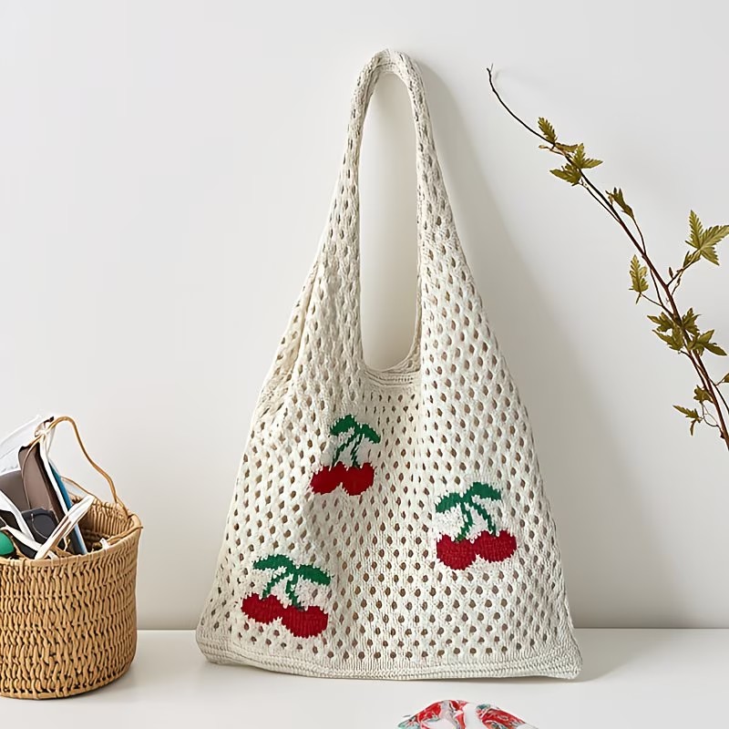 女性スタイリッシュなタートルチェリーパターンかぎ針編みトート - Crochet Market Bag のレビューと価格