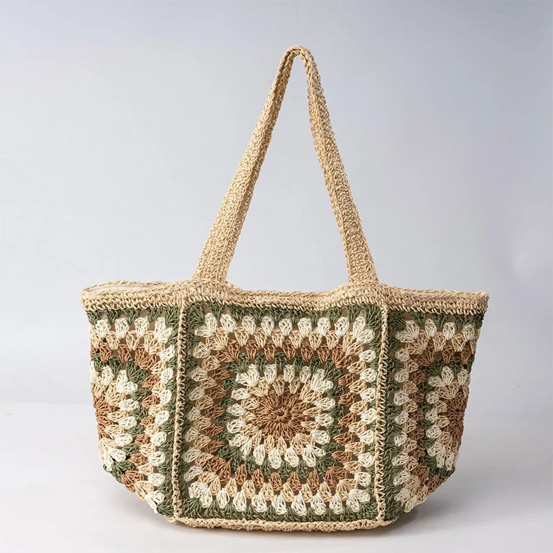 夏手織りバッグカラーマッチパターンハンドバッグキャンバス裏地 - Crochet Market Bag のレビューと価格