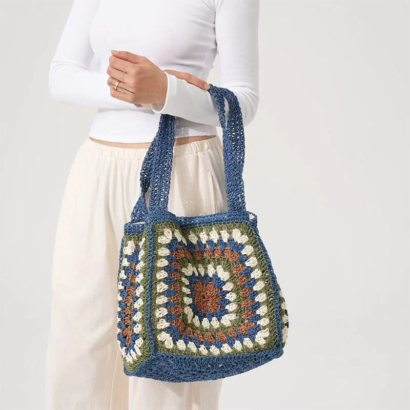 夏手織りバッグカラーマッチパターンハンドバッグキャンバス裏地 - Crochet Market Bag のレビューと価格