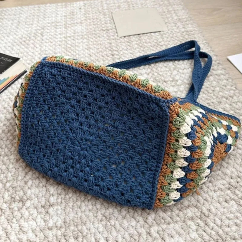 夏手織りバッグカラーマッチパターンハンドバッグキャンバス裏地 - Crochet Market Bag のレビューと価格