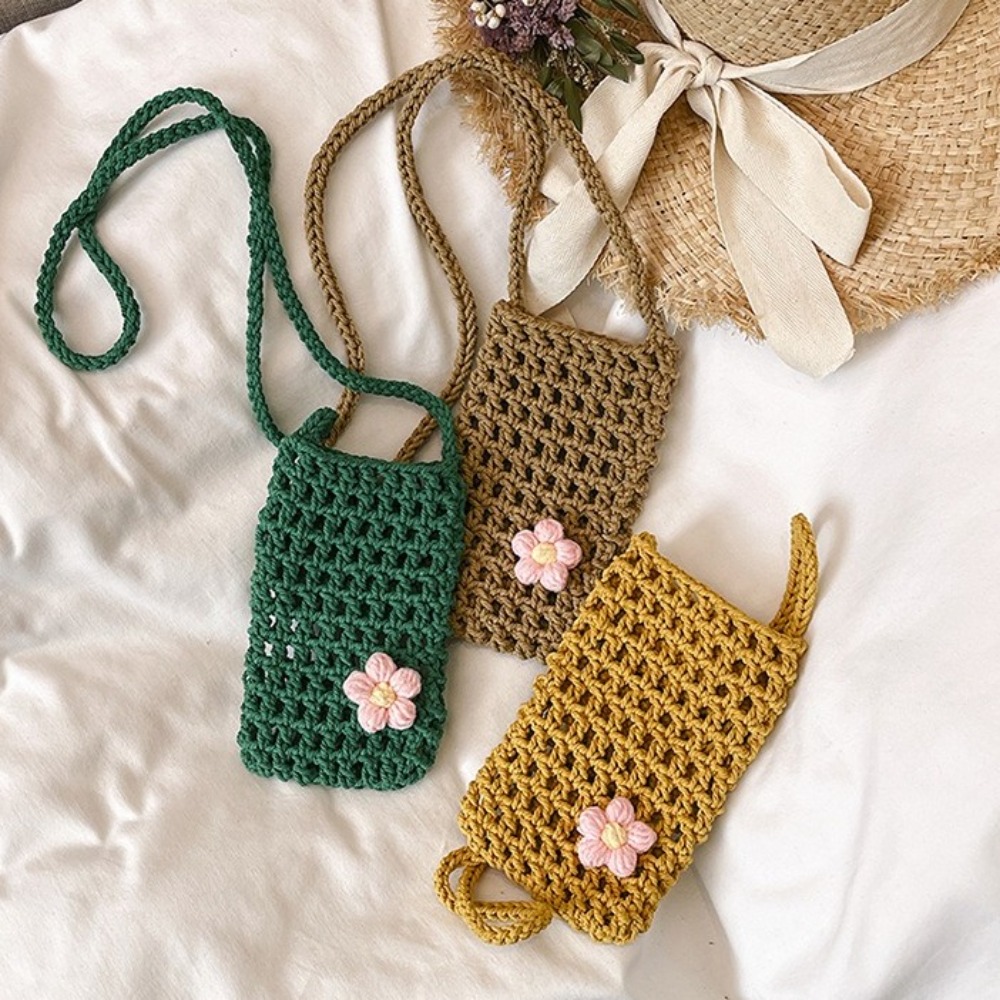 かわいい花柄編みクロスボディバッグ、中空スクエアクロシェ電話 - Crochet Market Bag のレビューと価格