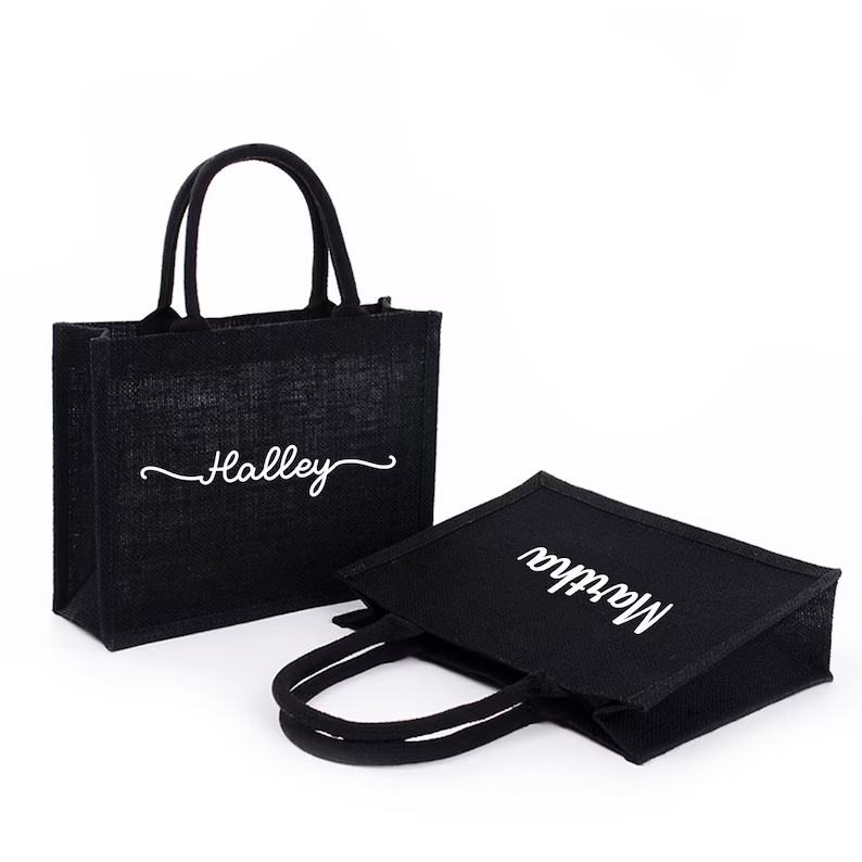 パーソナライズされた黒黄麻布トートバッグカスタム名黄麻布ジュ - Women Bags Jute のレビューと価格