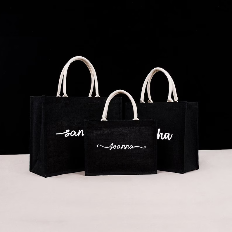 パーソナライズされた黒黄麻布トートバッグカスタム名黄麻布ジュ - Women Bags Jute のレビューと価格