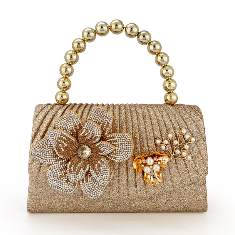 金色の輝くダイヤモンドフラワーディナーバッグ、メタルビーズハ - Women Bags Golden のレビューと価格