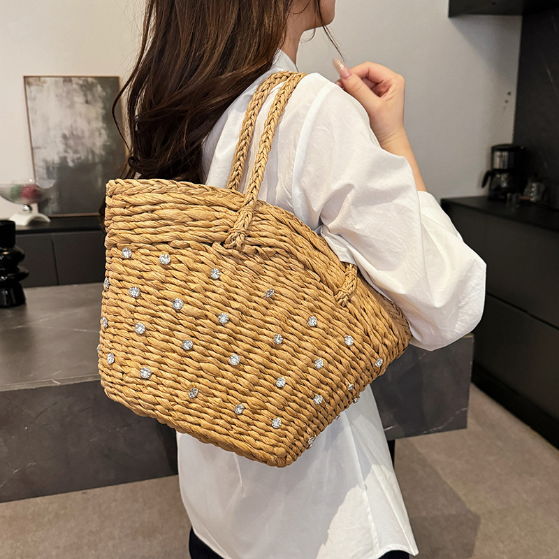 ストロー織りダイヤモンド高級トップハンドルバッグ、中空カジュ - Women Bags Branded Sale のレビューと価格