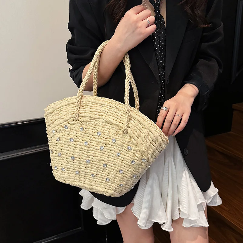 ストロー織りダイヤモンド高級トップハンドルバッグ、中空カジュ - Women Bags Branded Sale のレビューと価格