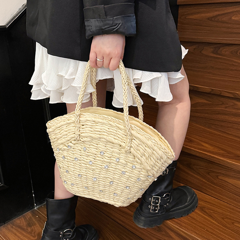 ストロー織りダイヤモンド高級トップハンドルバッグ、中空カジュ - Women Bags Branded Sale のレビューと価格