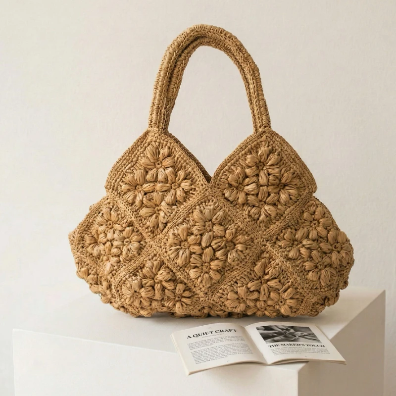 手作り紙織りビーチバッグハイエンド 3D 花草トート大容量ポ - Crochet Market Bag のレビューと価格