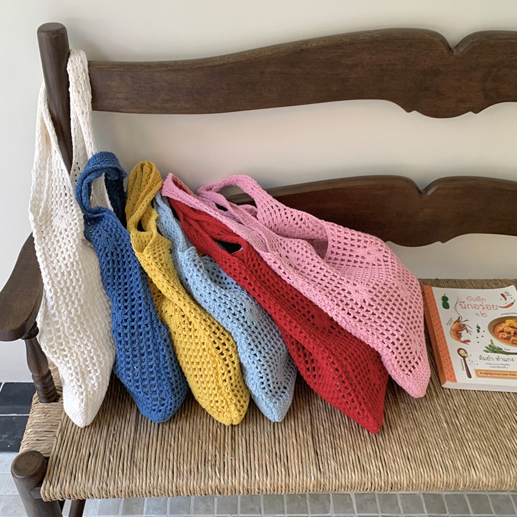 かぎ針編みバッグ手作り中空ニットショルダーバッグ夏のビーチメ - Crochet Market Bag のレビューと価格