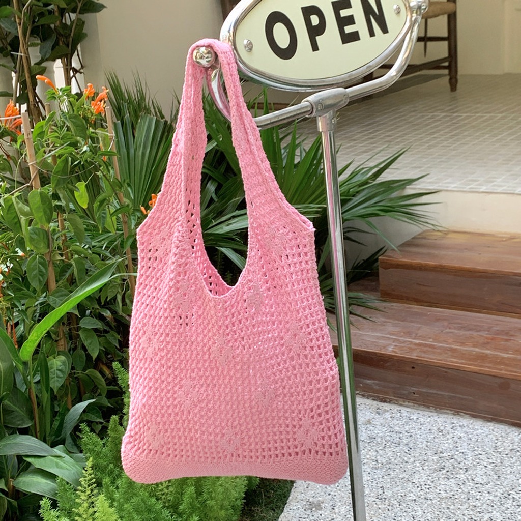 かぎ針編みバッグ手作り中空ニットショルダーバッグ夏のビーチメ - Crochet Market Bag のレビューと価格